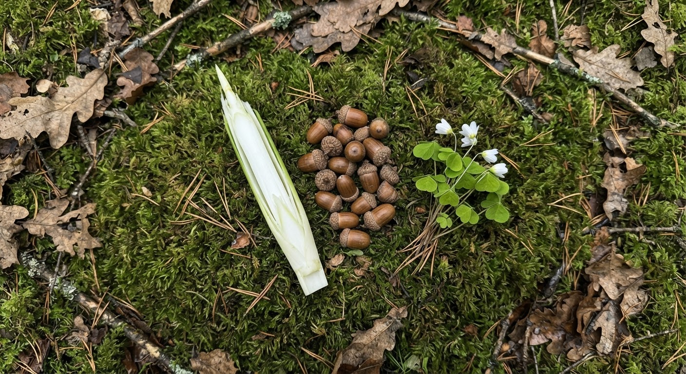 Survival foods arranged on a forest floor: a cattail shoot, a handful of acorns, pine needles, and a sprig of clover on moss