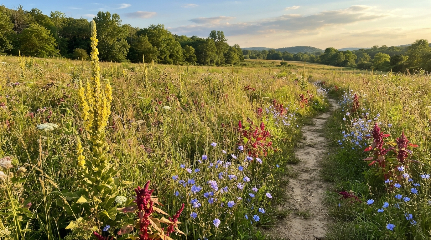 A panoramic view of an overgrown summer meadow in full sun — tall flowering mullein spikes rising above a sea of grass, clusters of chicory with their blue flowers along a dirt path, amaranth with its magenta-tinged seed heads swaying in the breeze, warm golden afternoon light, realistic, shot by iphone 13