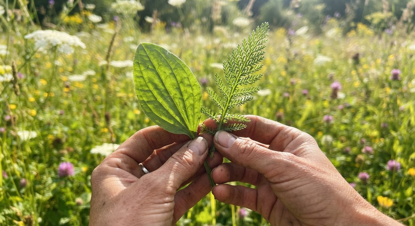 A forager’s weathered hands holding freshly picked broadleaf plantain and yarrow leaves up to the light for identification in a green summer meadow, natural afternoon light, detailed leaf texture, realistic, shot by iphone 13