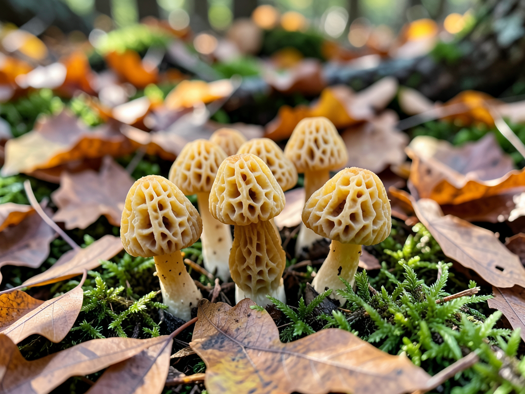Cluster of golden morel mushrooms on forest floor with honeycomb caps
