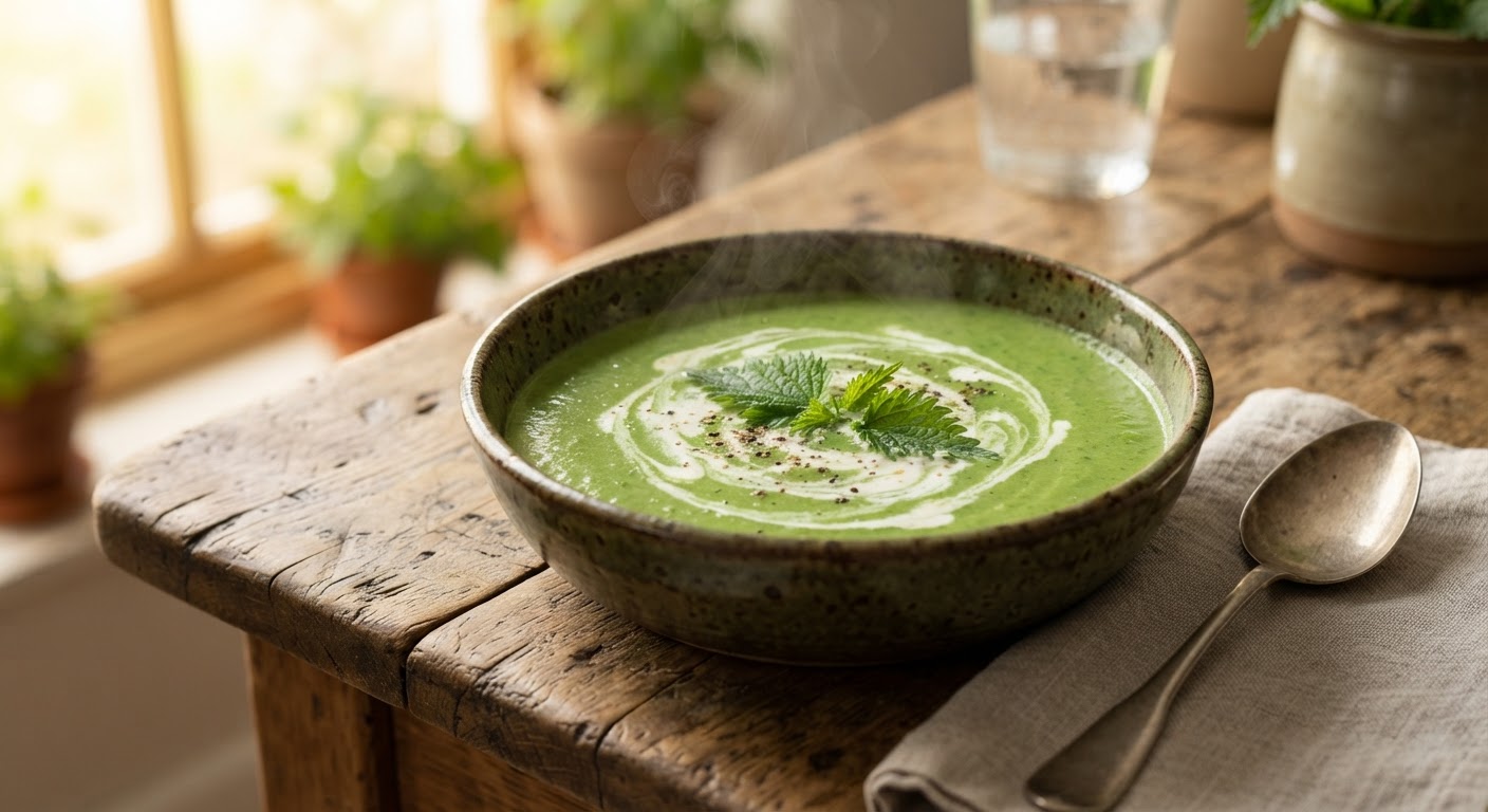 Creamy green stinging nettle soup in a rustic bowl