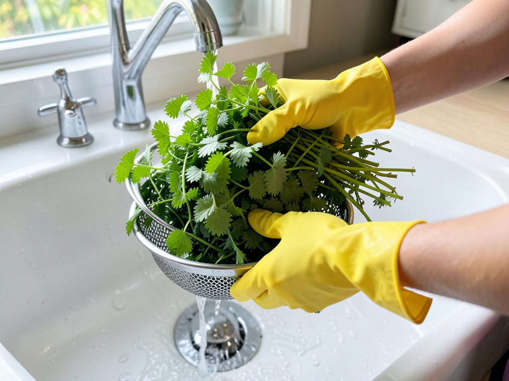 Hands in gloves washing fresh nettle stems in a sink