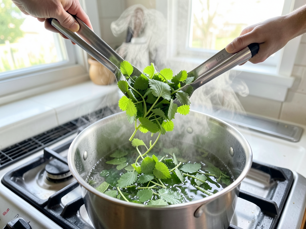 Blanching bright green nettle leaves in boiling water