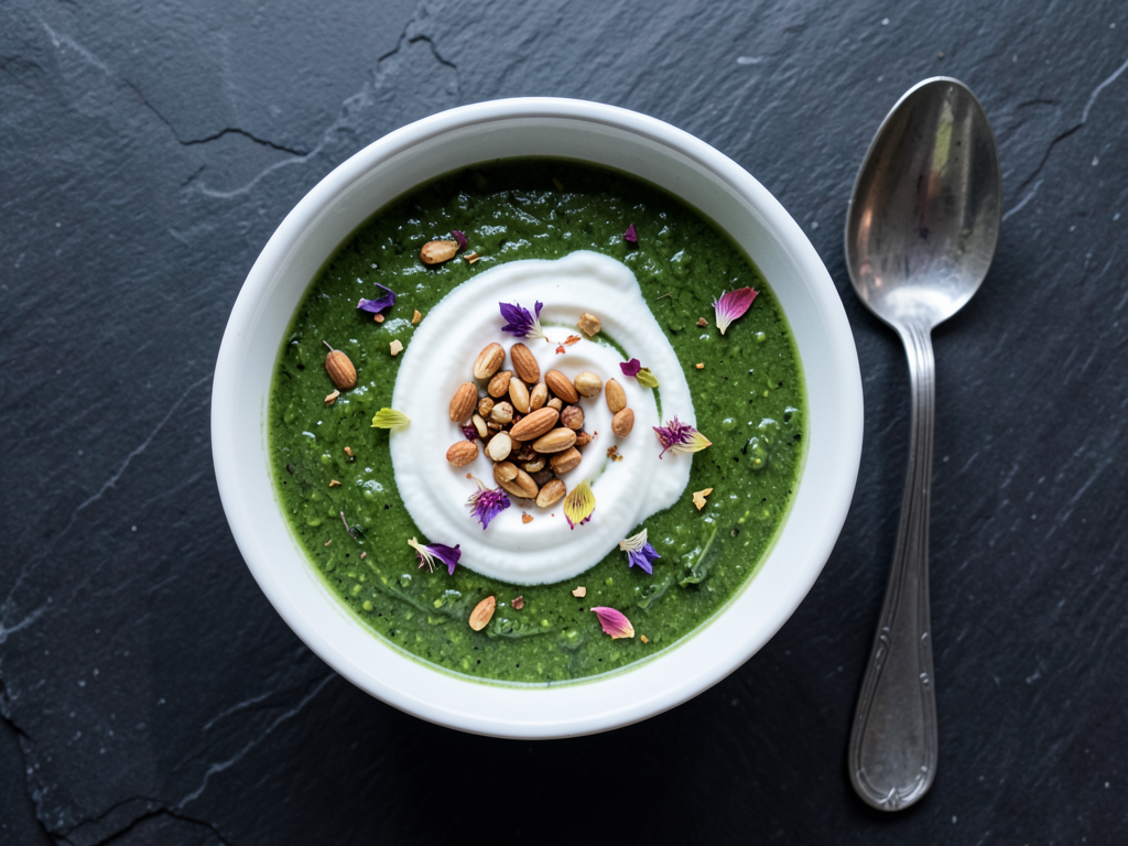 Overhead shot of nettle soup with cream and pine nuts
