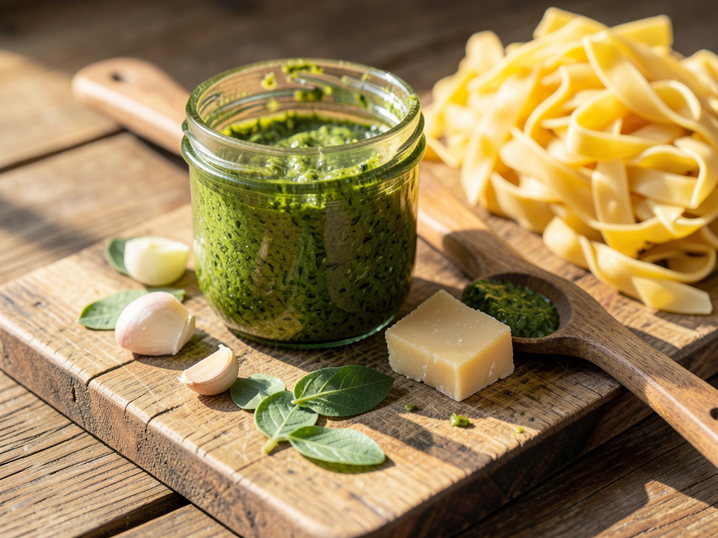 Nettle pesto in a jar with pasta on a wooden board