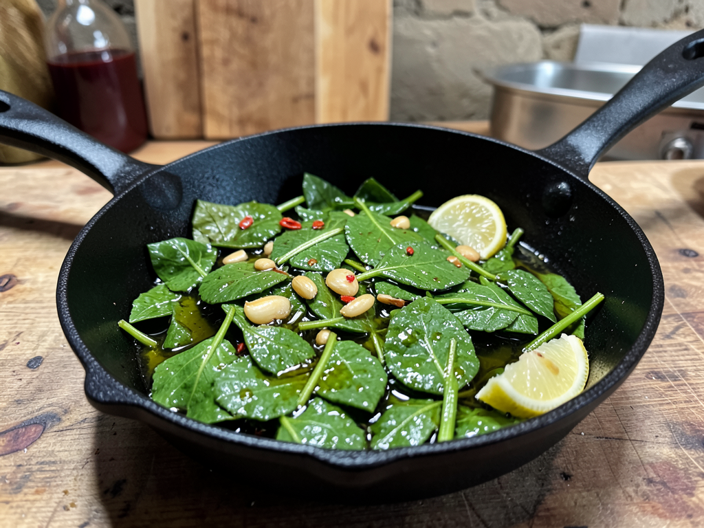 Sautéed nettle leaves in a cast iron skillet with garlic