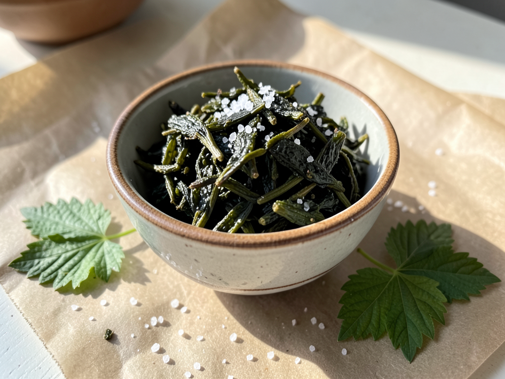 Crispy baked stinging nettle chips with sea salt