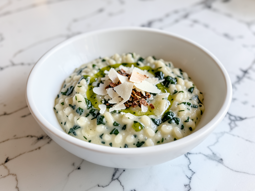 Creamy nettle risotto with parmesan and crispy nettle garnish