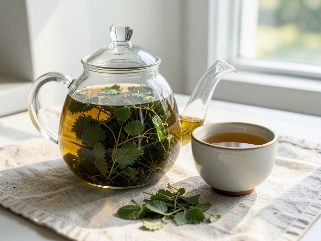 Nettle tea steeping in a glass teapot with dried leaves