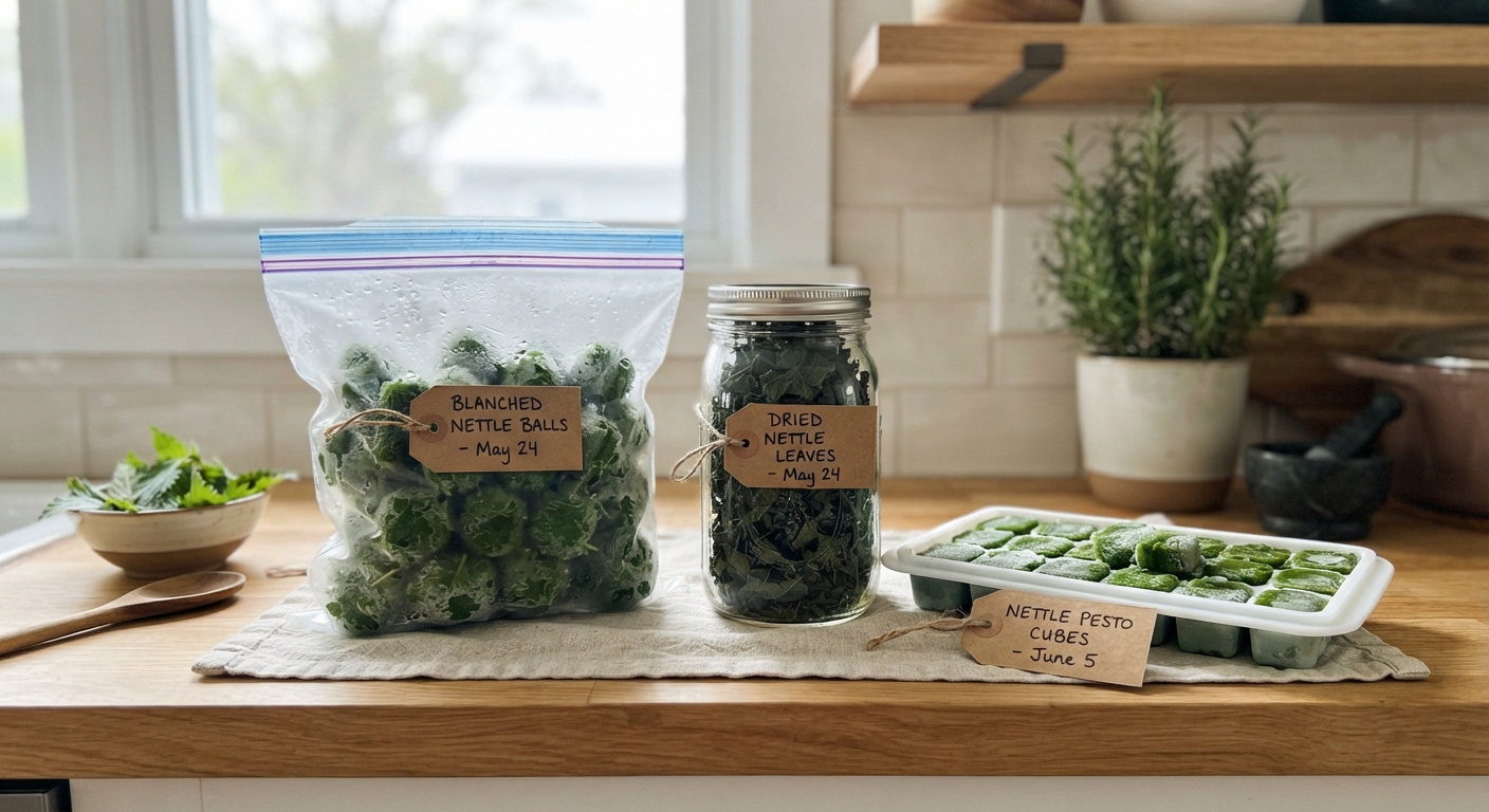 Preserved nettles: freezer bags, dried jar, and pesto cubes