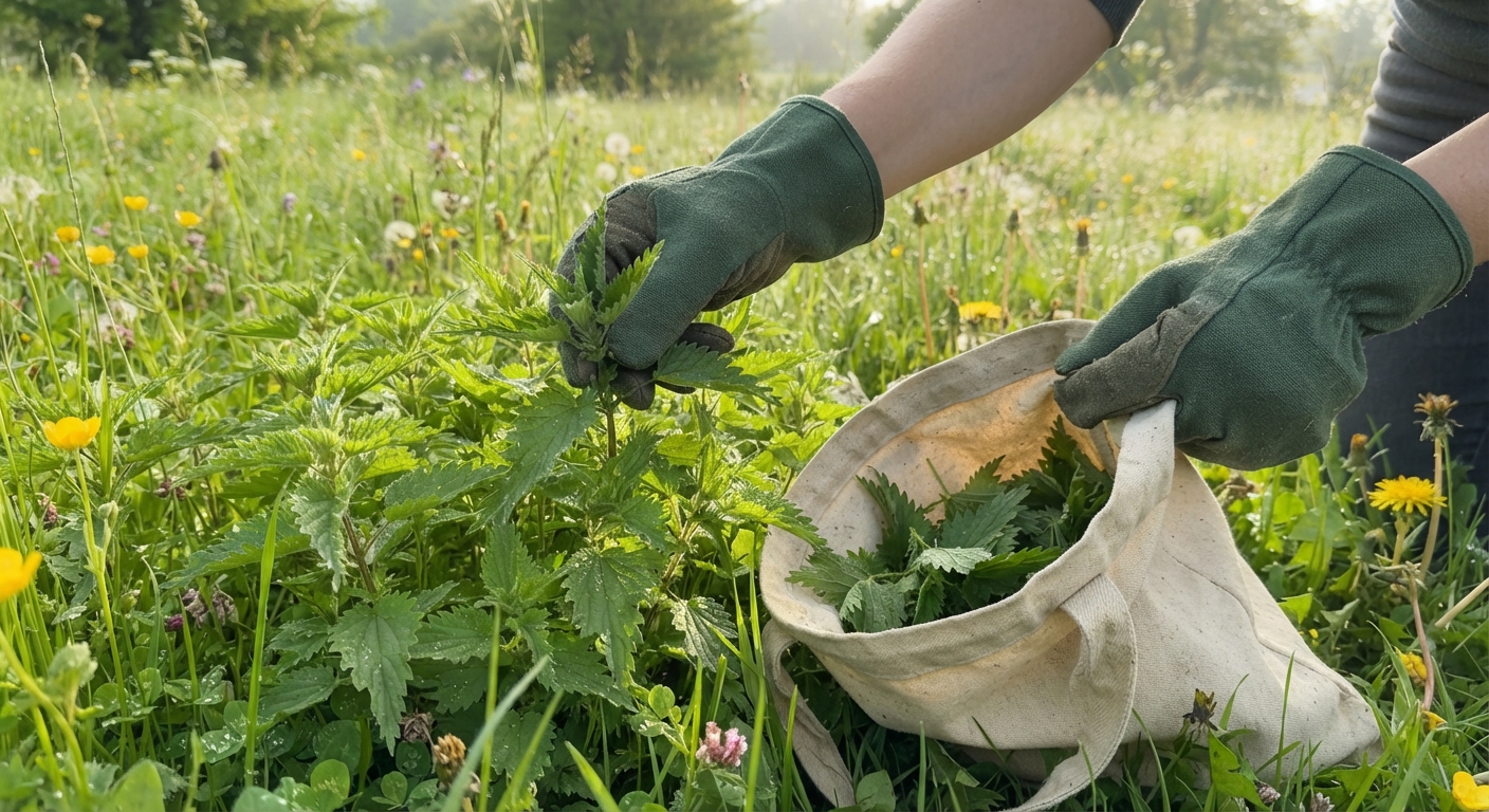 Close-up of hands wearing thick gardening gloves harvesting young stinging nettle tops into a canvas bag in a green meadow, morning light