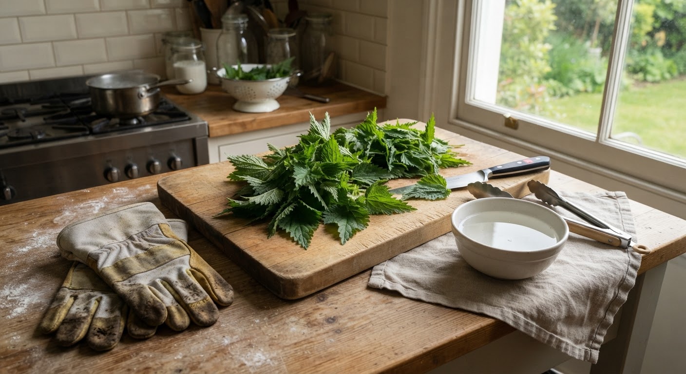 Freshly harvested stinging nettle leaves on a wooden cutting board next to a bowl of water ready for blanching, a pair of kitchen gloves beside, natural window light, realistic, shot by iphone 13