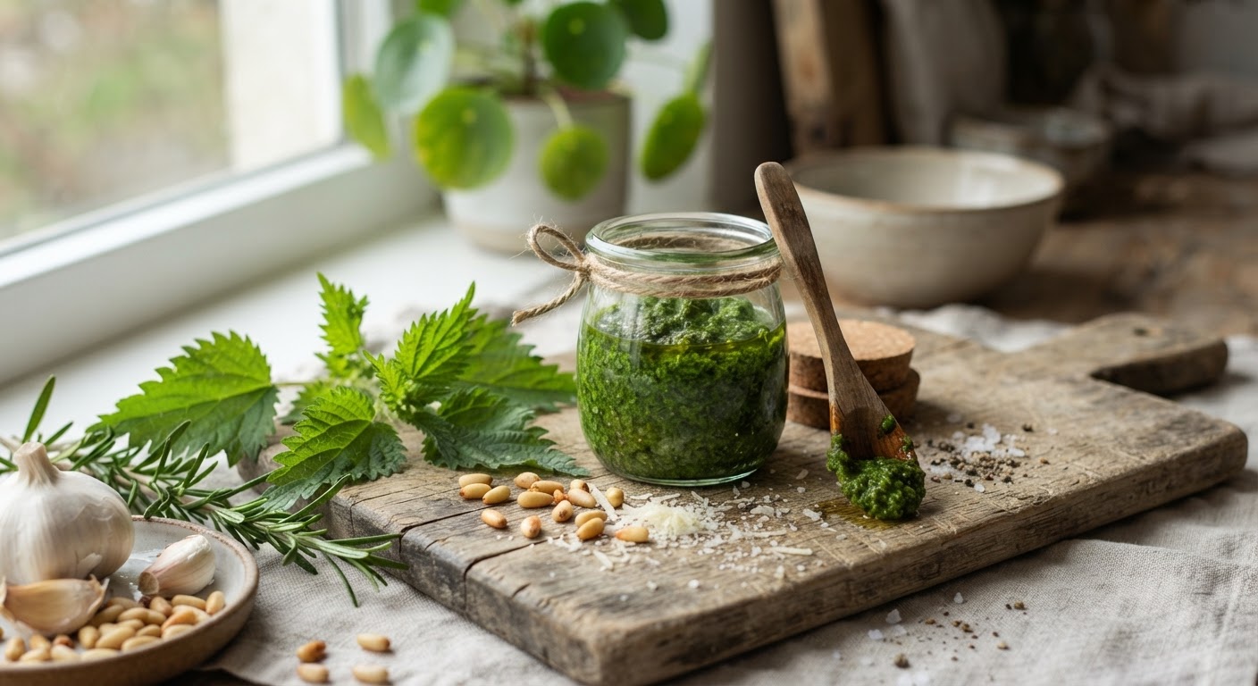 A glass jar of bright green stinging nettle pesto with a wooden spoon, scattered pine nuts and parmesan cheese on a rustic cutting board