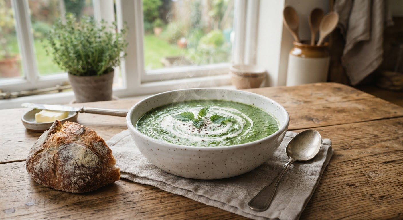 A steaming bowl of vibrant green nettle soup in a white ceramic bowl, swirled cream on top, rustic ambiance