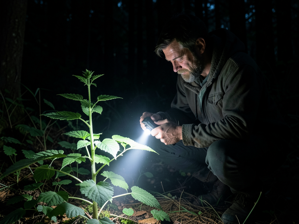A forager crouching in a forest at night using a smartphone flashlight to illuminate the leaves of a wild edible plant, the flashlight beam highlighting leaf details and stem texture, dark forest background, atmospheric outdoor scene, realistic, shot by iphone 13