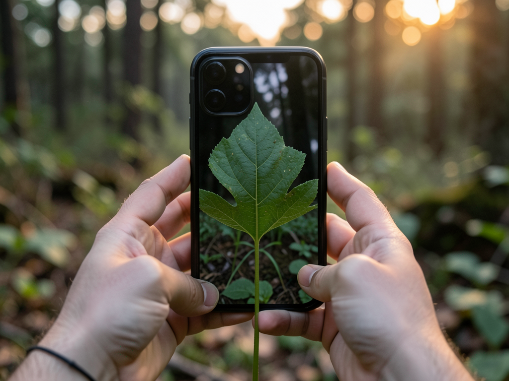 A close-up shot of a wild plant leaf being photographed by a smartphone at twilight in a forest setting, soft golden hour fading light, the phone held steady with both hands, natural outdoor photography, realistic, shot by iphone 13