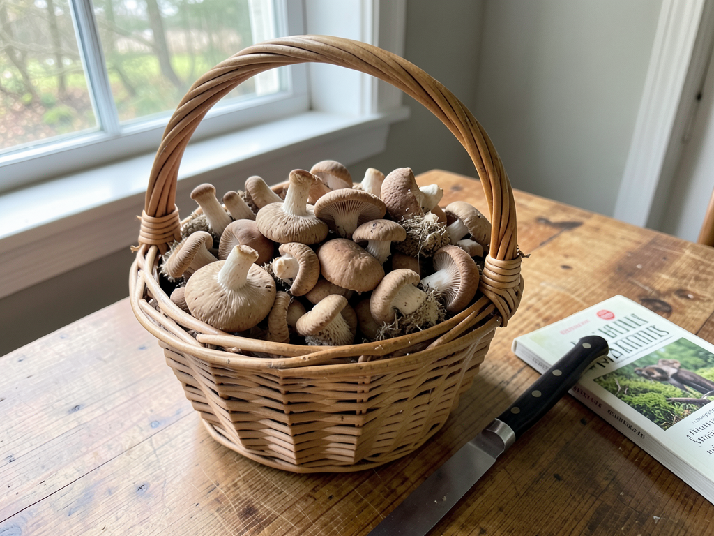 Wicker basket of freshly foraged wild oyster mushrooms with foraging tools