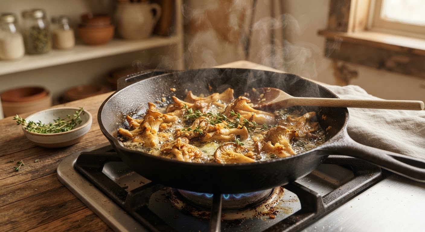Golden oyster mushrooms sautéing in a cast iron skillet with butter and garlic