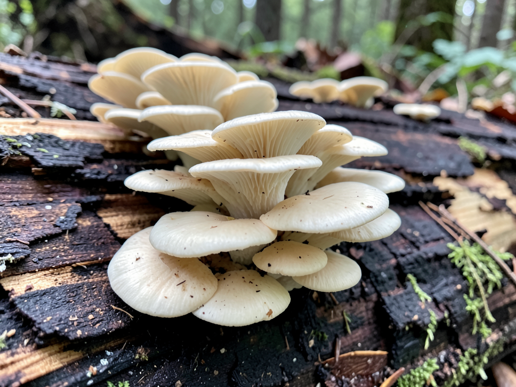 Cluster of pearl oyster mushrooms growing on a fallen hardwood log