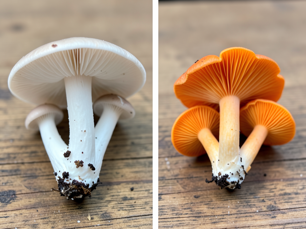 Side-by-side comparison of edible oyster mushrooms and toxic jack-o-lantern mushrooms