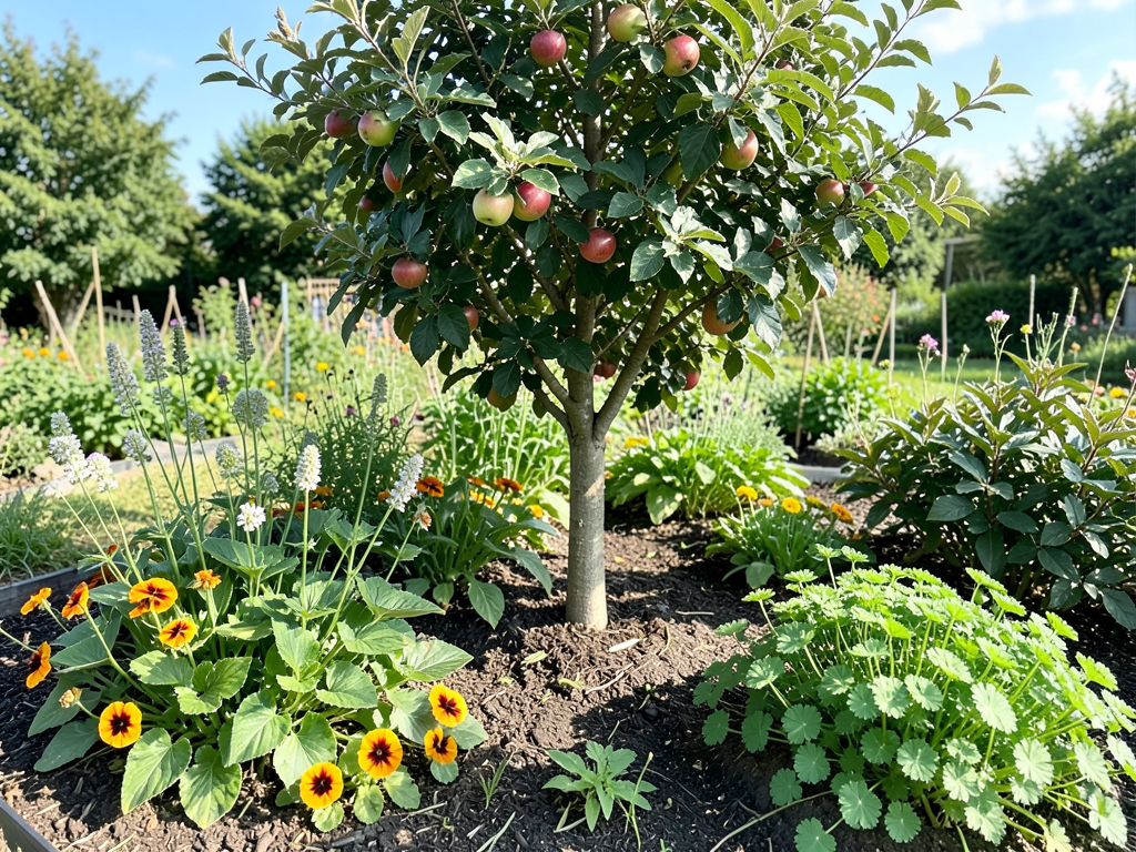 A fruit tree guild with an apple tree surrounded by companion plants