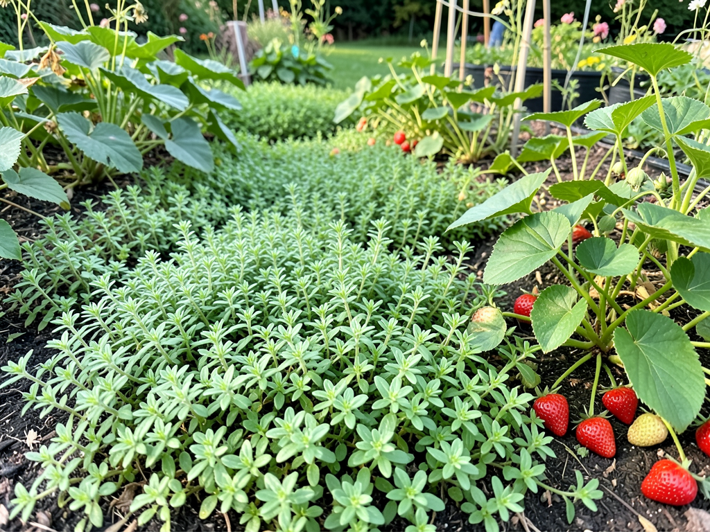 Edible ground cover plants acting as living mulch in a permaculture garden