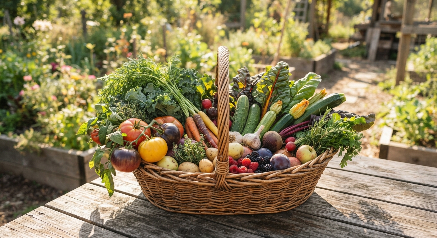 A wicker basket overflowing with harvested organic produce from a permaculture garden