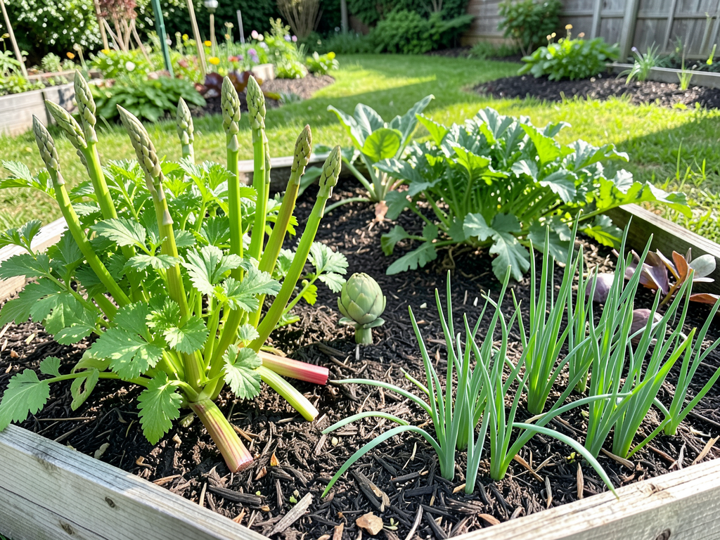 Perennial edible herbs and vegetables in a well-mulched permaculture bed