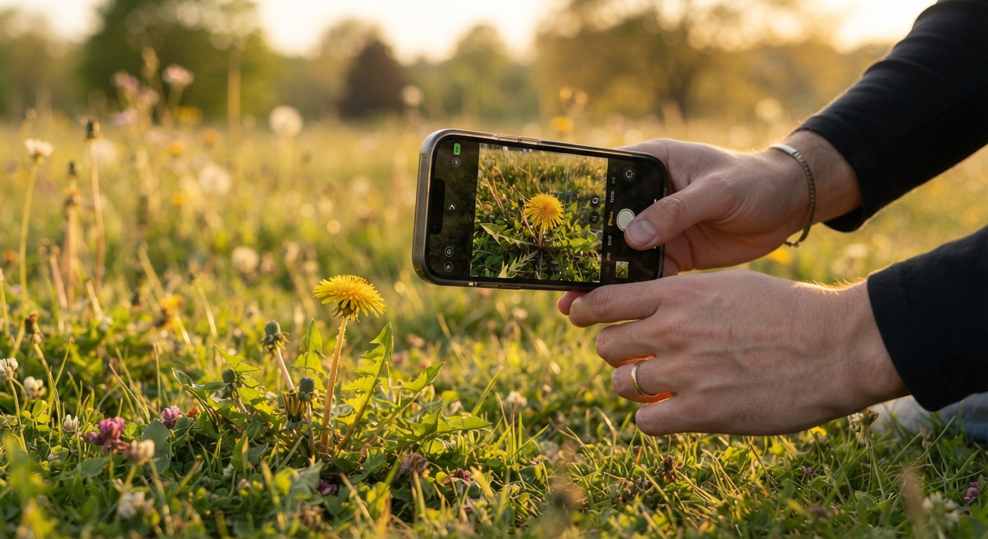 Close-up of hands holding a smartphone camera pointed at a dandelion plant in a grassy meadow, screen showing plant identification interface, golden hour sunlight, realistic, shot by iphone 13