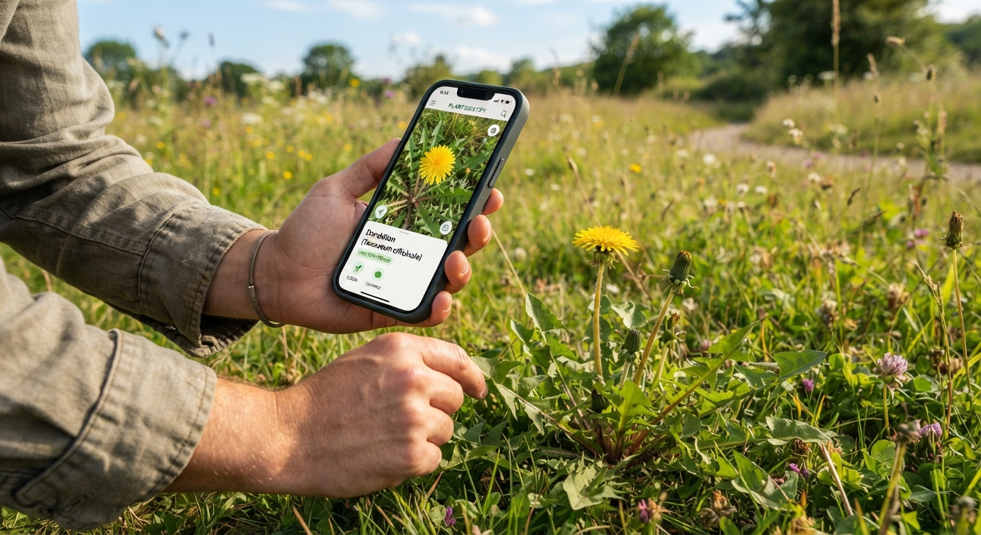 Close-up of a forager using a smartphone plant identification app next to a wild dandelion plant in a meadow, afternoon sunlight, showing modern digital tools combined with hands-on plant inspection