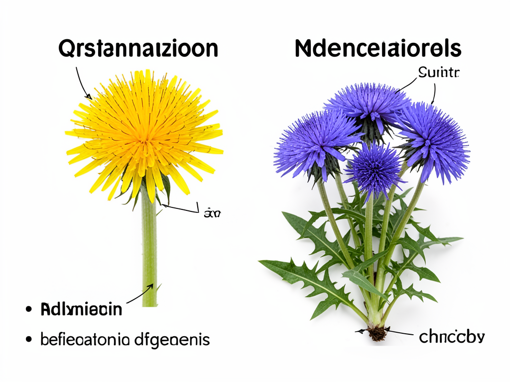 A hand-drawn style comparison card showing dandelion and chicory side by side on a white background, highlighting key identification differences