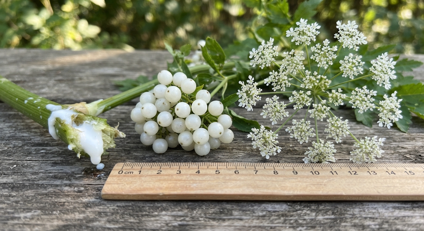 Close-up of plant danger signals: white milky sap oozing from a broken stem, white poisonous berries, and umbrella-shaped flower clusters — key warning signs for foragers