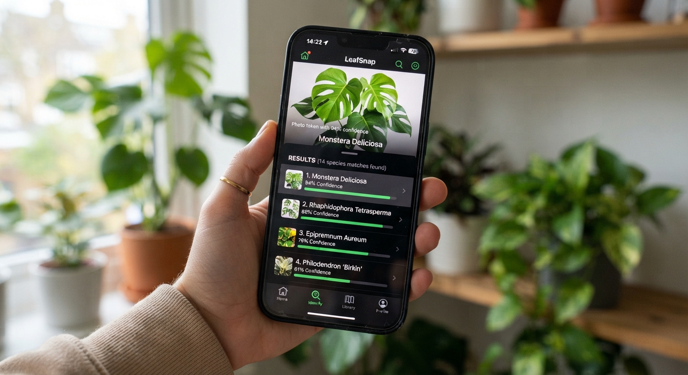 Close-up of a smartphone screen showing a plant identification app interface with multiple plant species results ranked by confidence percentage, modern app UI design, realistic, shot by iphone 13
