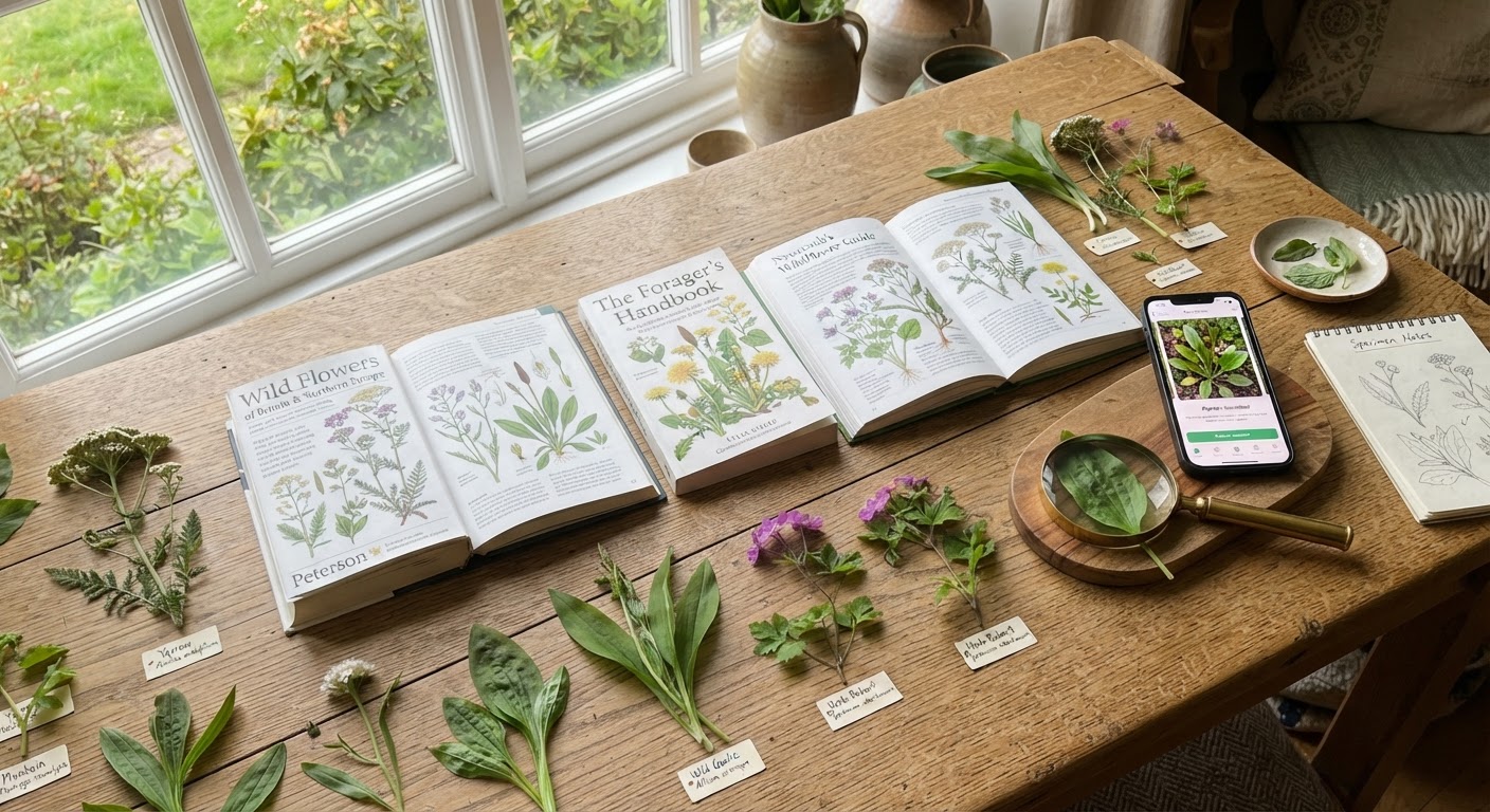 A wooden table with plant identification field guides open side by side, a magnifying glass, fresh wild plant clippings, and a smartphone showing a plant app, natural window lighting, realistic, shot by iphone 13