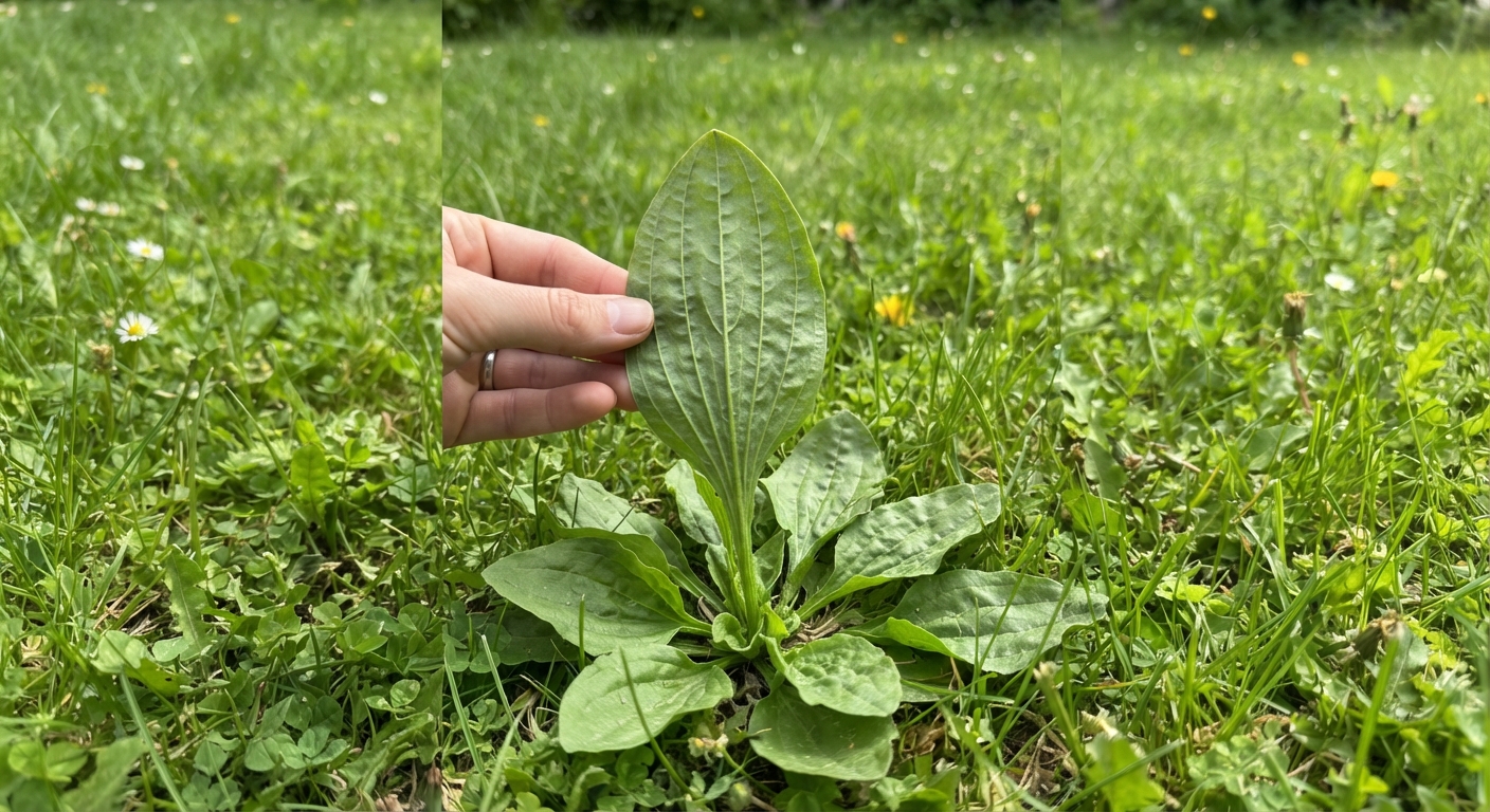 Broadleaf plantain growing low in a lawn, one leaf held up to show its stringy parallel veins