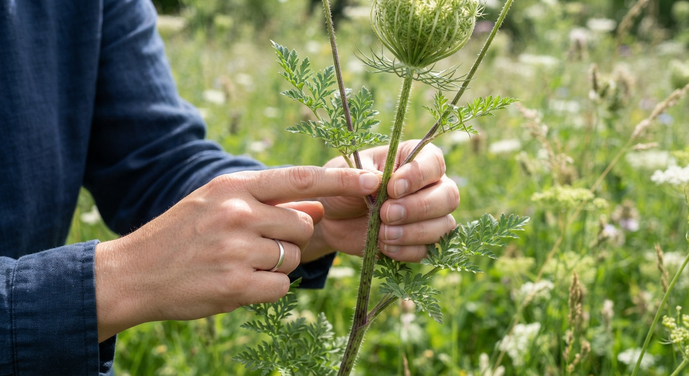 Close-up of hands carefully examining the stem of a wild umbellifer plant outdoors, feeling for stem hairs with green fern-like foliage visible in bright natural daylight