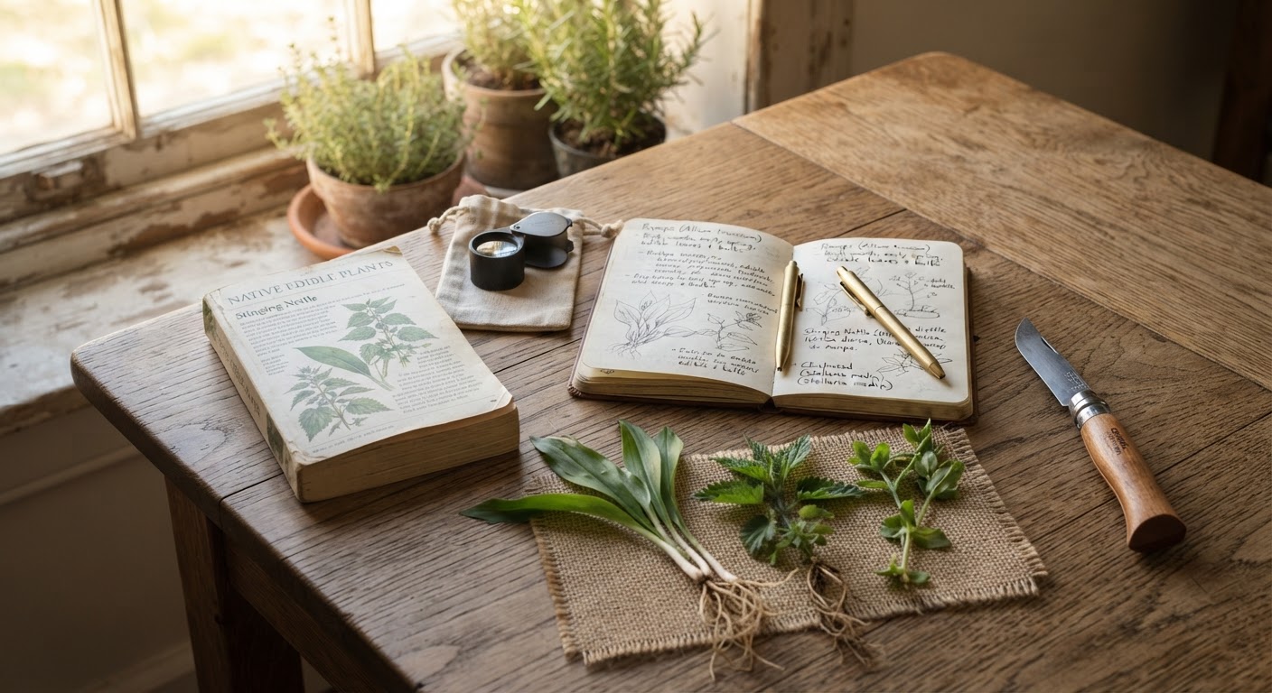 A foragers toolkit arranged on a rustic wooden table in natural light — field guide book, magnifying loupe, notebook with handwritten notes, fresh plant samples with roots, a pocket knife