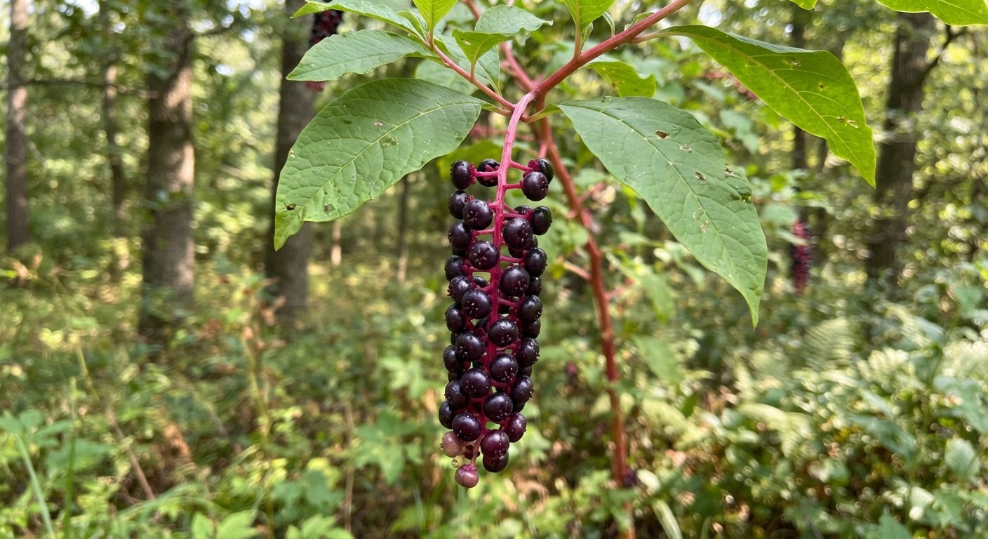 Pokeweed berries on a reddish-pink stem