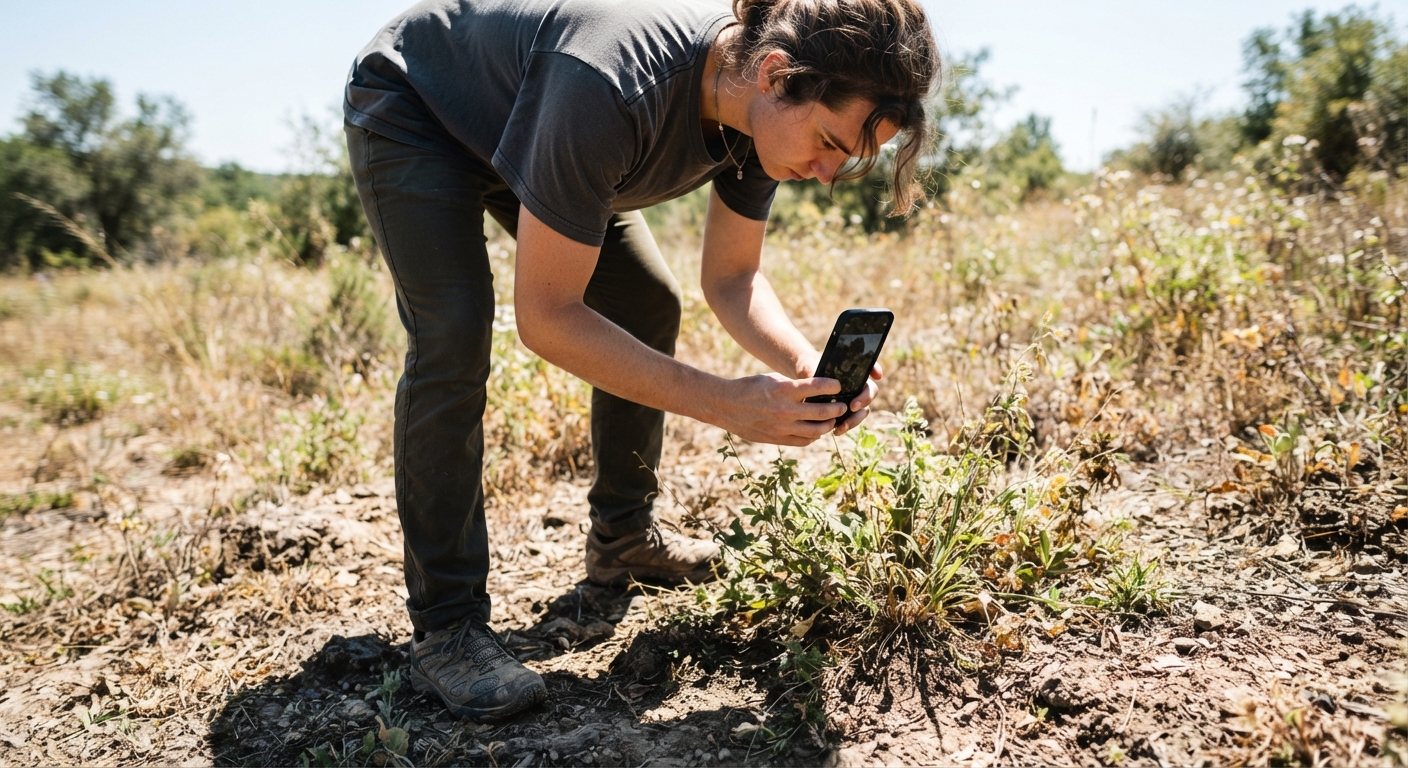 A person standing over a wild plant filming downward at it with a smartphone, harsh midday sunlight creating blown-out highlights and harsh shadows, the amateur angle in practice