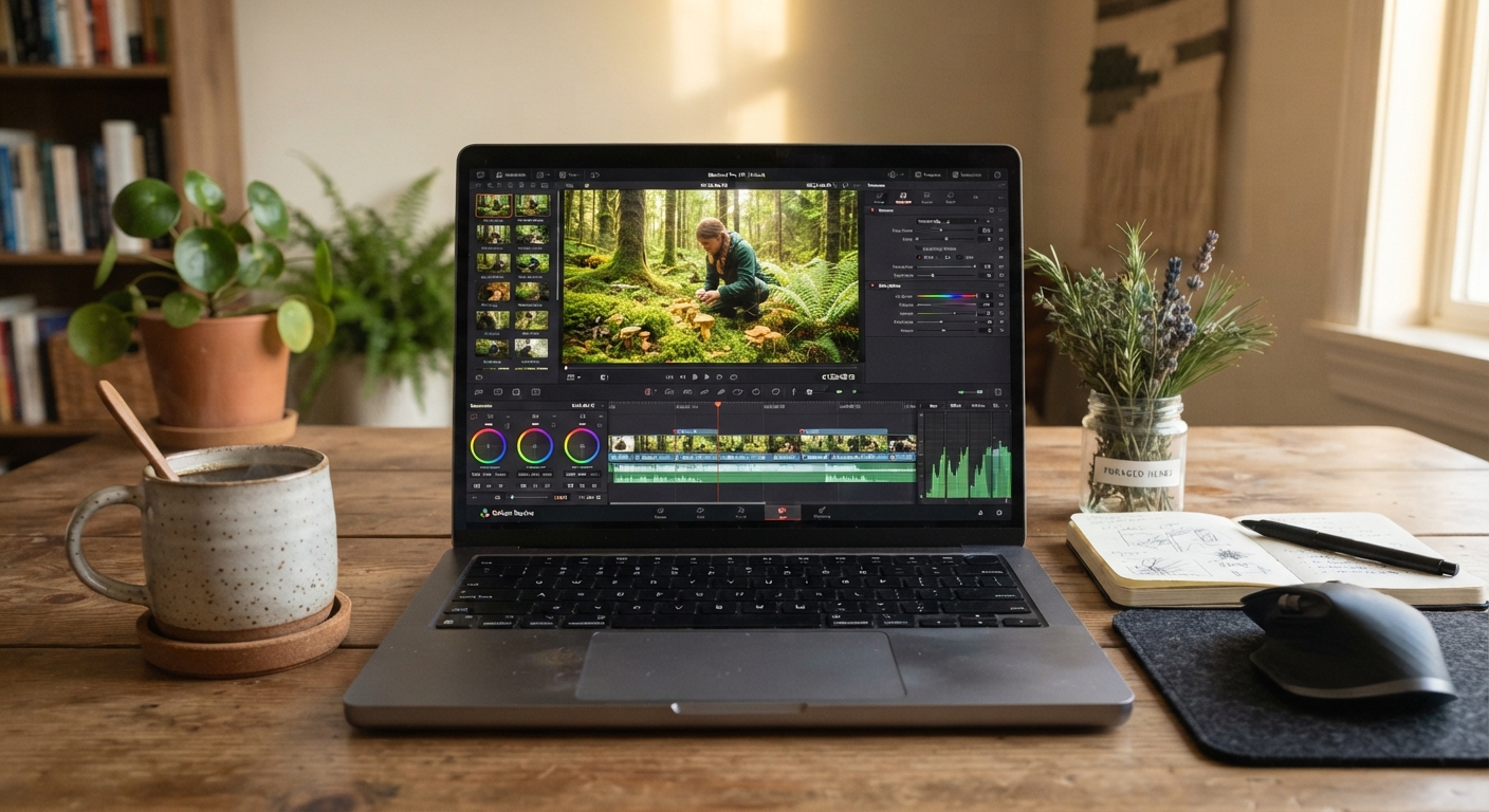 A laptop screen showing a video editing timeline with color-graded forest foraging footage, on a desk with a coffee mug and a small jar of wild herbs