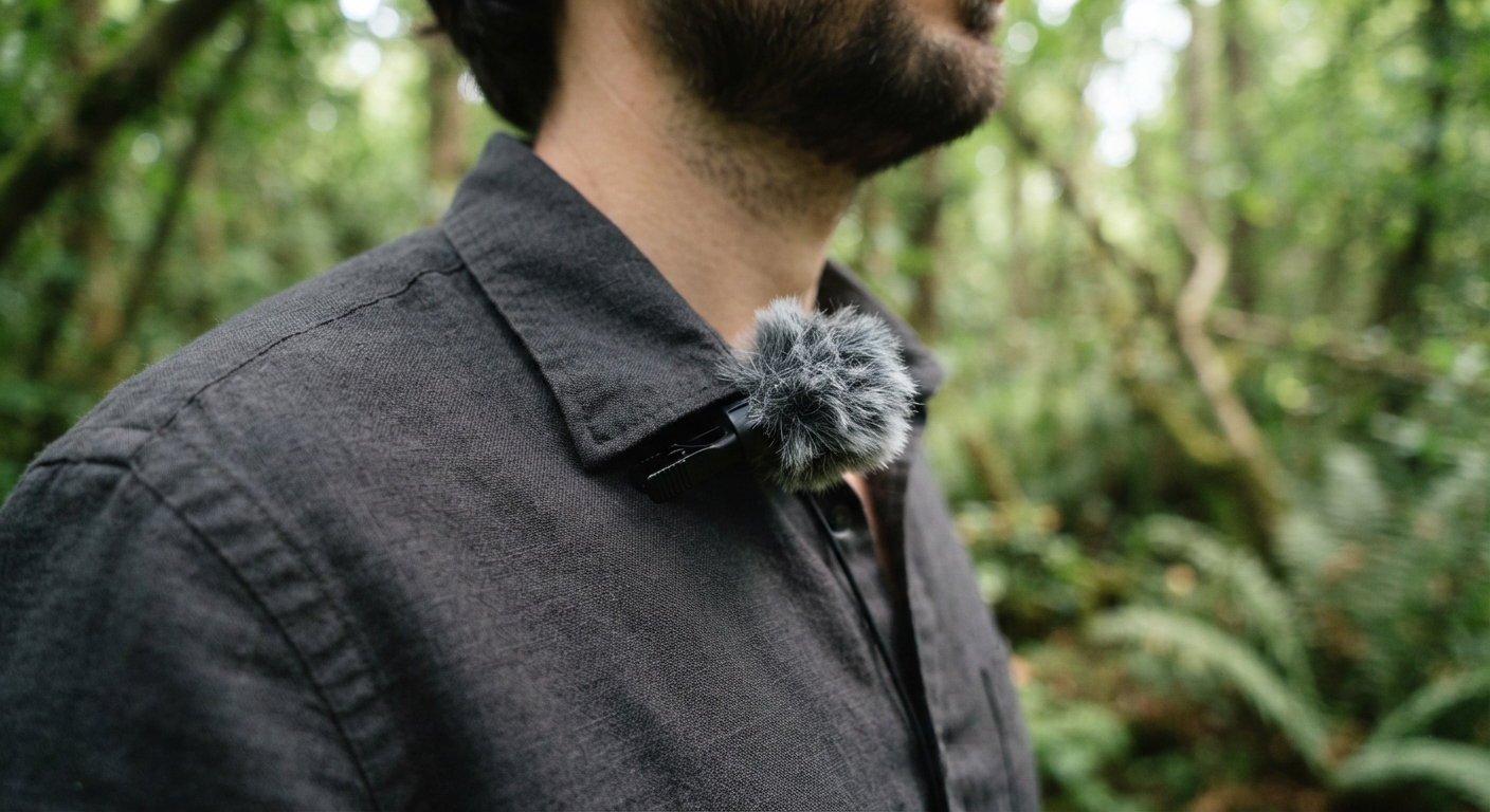 Close-up of a small lavalier microphone clipped to a shirt collar while filming wild plants outdoors, with a fluffy windscreen cover on the mic, soft natural forest light