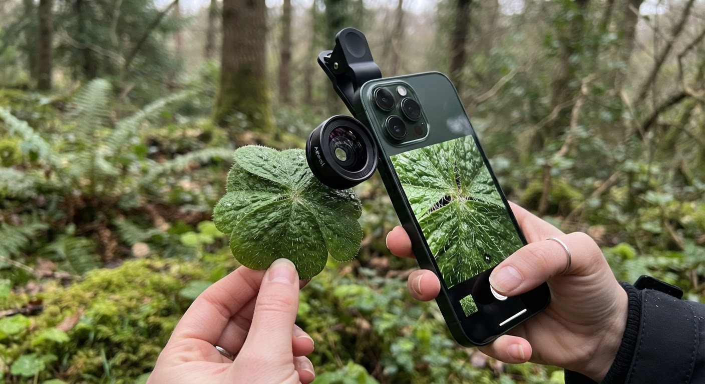 Close-up of a hand holding a smartphone with a clip-on macro lens over a green wild plant leaf in a forest, showing fine leaf texture
