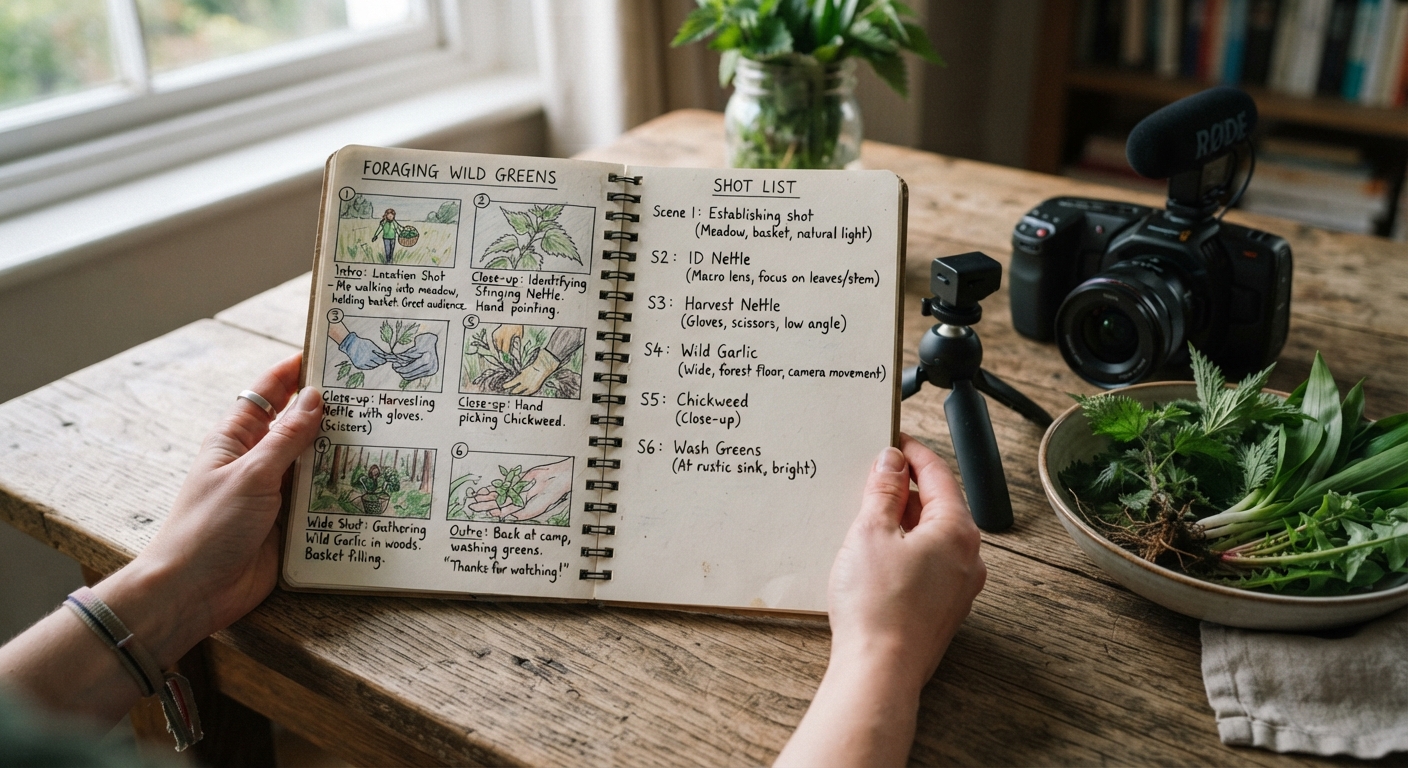 Close-up of hands holding a notebook with a hand-drawn video storyboard and shot list for a foraging video, on a wooden table beside a camera and freshly picked wild greens