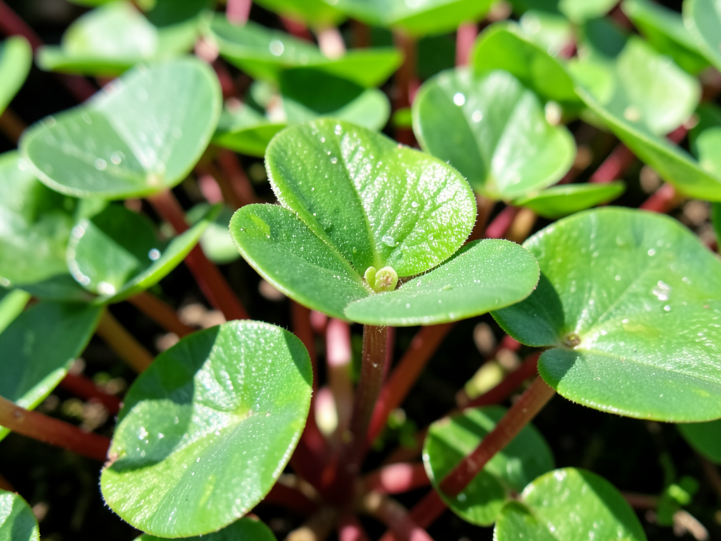 Close-up of purslane leaves showing succulent texture