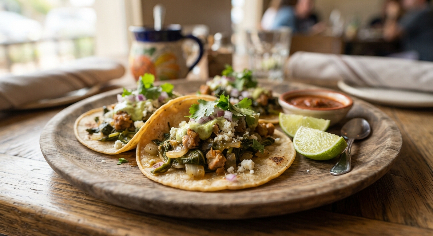 Purslane tacos on a wooden plate
