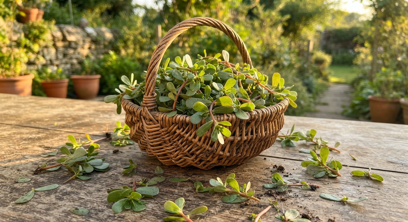 A woven basket full of freshly harvested purslane with scattered leaves in golden hour sunlight