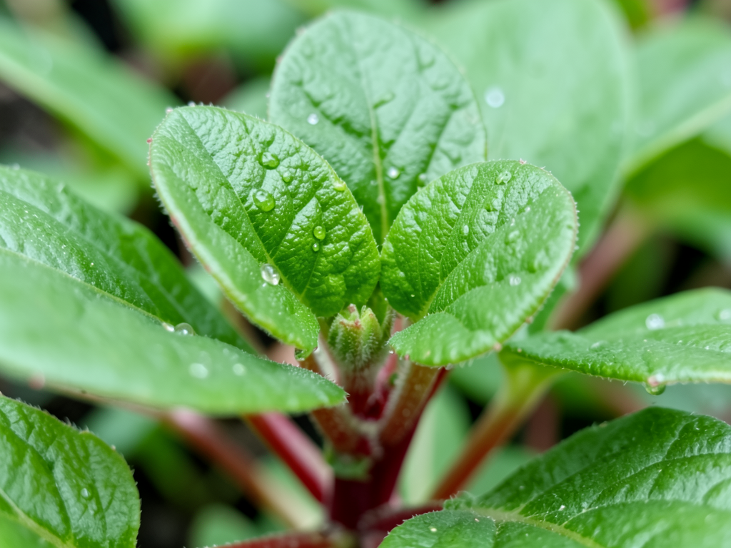 Close-up macro detail of purslane leaves showing thick succulent texture, reddish stems, and tiny water droplets