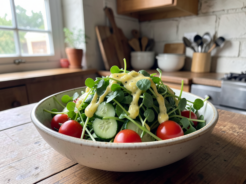 A fresh healthy purslane salad in a ceramic bowl with cherry tomatoes, cucumber, and lemon dressing