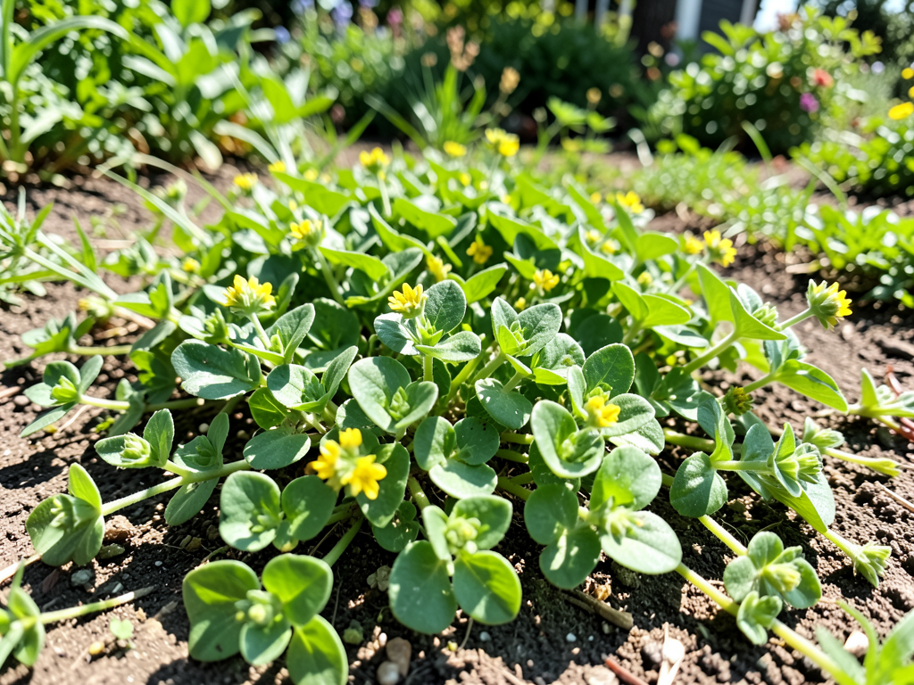 Purslane plant growing wild in a sunny garden, sprawling across soil with fleshy green leaves and small yellow flowers