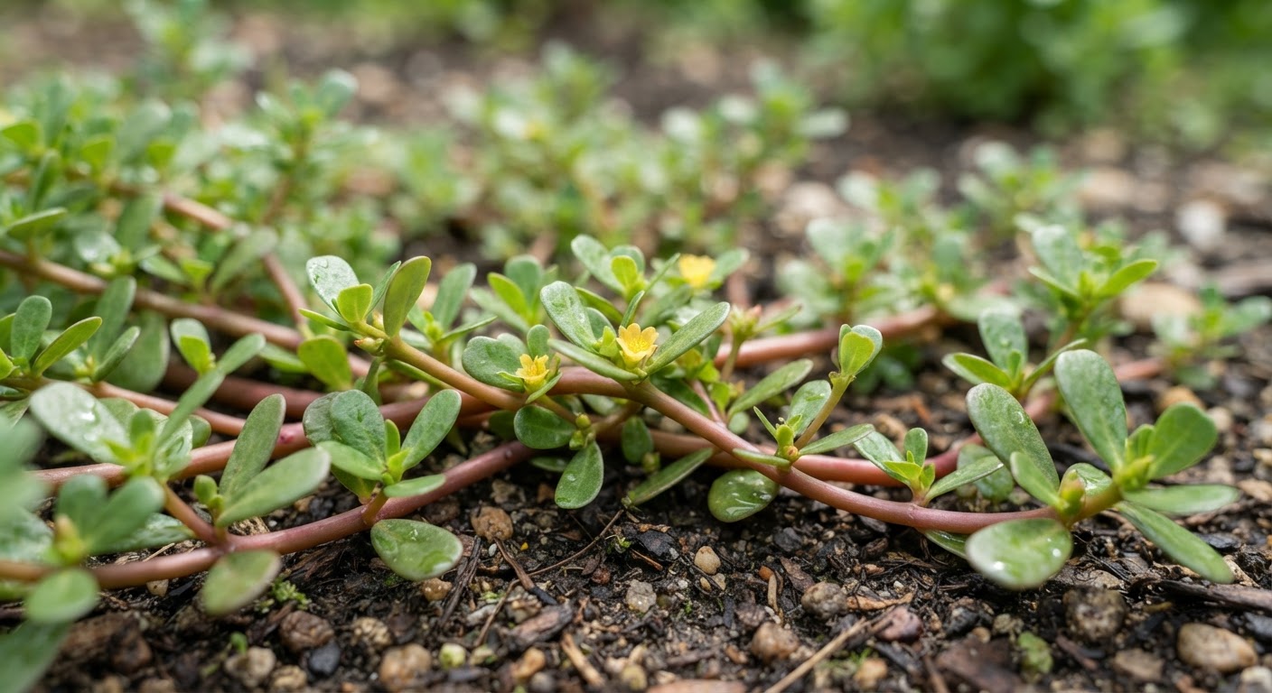 Close-up of wild purslane with thick reddish stems and paddle-shaped leaves growing across a garden bed